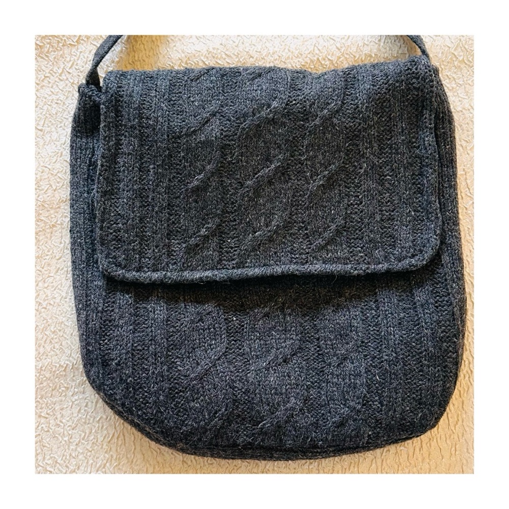 Vintage Y2K Charcoal Gray Cozy Wool Knit Purse Crossbody Bag with Front Flap - Picture 2 of 7